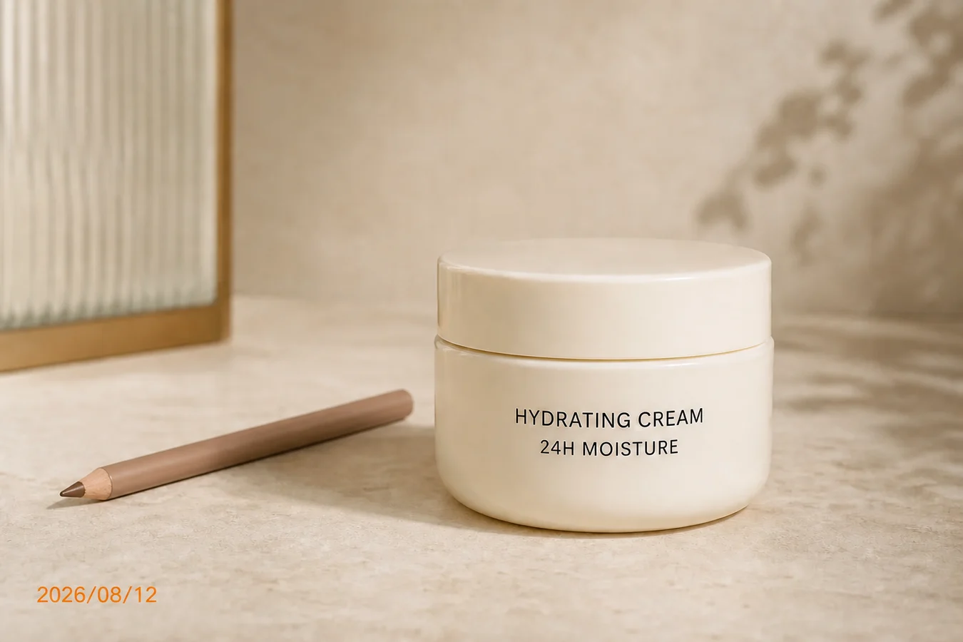 Cream jar photograph with a makeup pencil, lower-left date watermark, and product copy